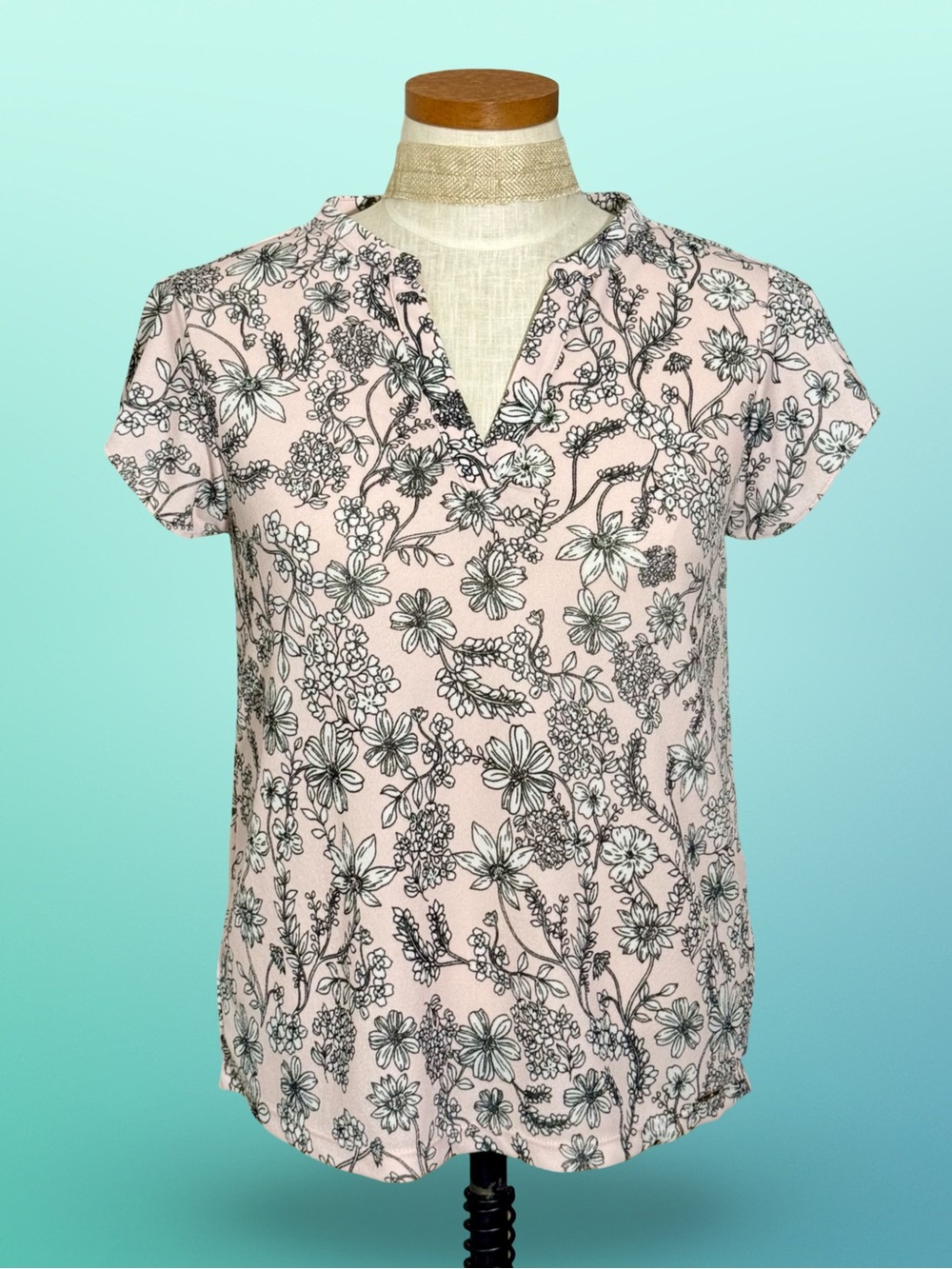 Calvin Klein Pink Black Floral Split V-Neck Cap Sleeve Blouse Top SzM